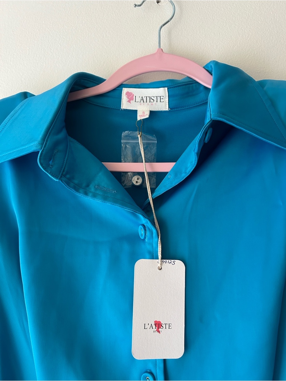 L'ATISTE Turquoise Button-Front Mini Shirt Dress - Picture 3 of 14